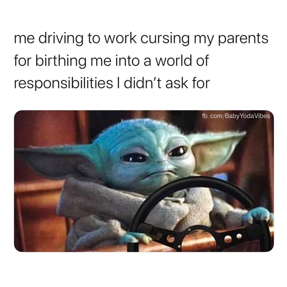 The meme features a character from the Star Wars franchise, Baby Yoda, sitting in a car and driving. The character is looking directly at the camera with a serious expression. The text above the image reads: "me driving to work cursing my parents for birthing me into a world of responsibilities I didn't ask for." The image is meant to be humorous and relatable, as it pokes fun at the idea of feeling like you're being forced to do something you don't want to do, in this case, going to work. The character's serious expression adds to the humor, making it a relatable and entertaining meme.
